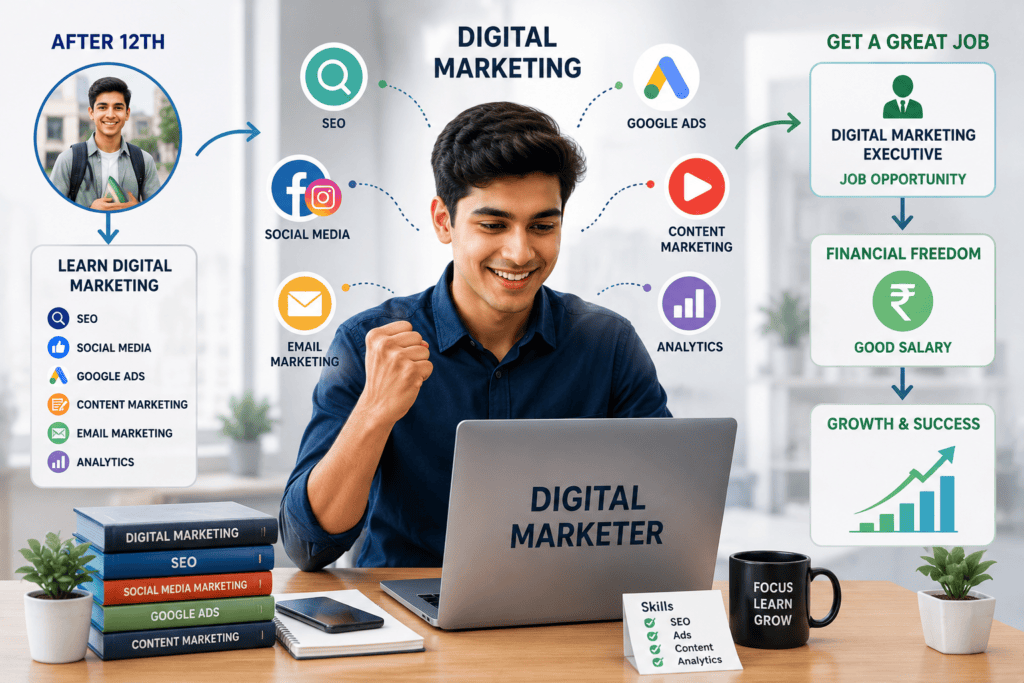 Digital marketing career journey showing a student after 12th learning digital marketing skills and progressing toward a digital marketing job, financial independence, and career growth.