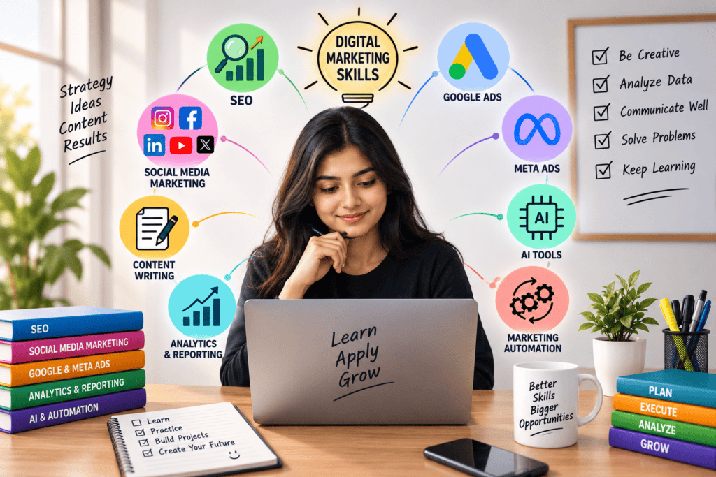 Digital marketing skills including SEO, social media marketing, content writing, Google Ads, Meta Ads, analytics, AI tools, and marketing automation.