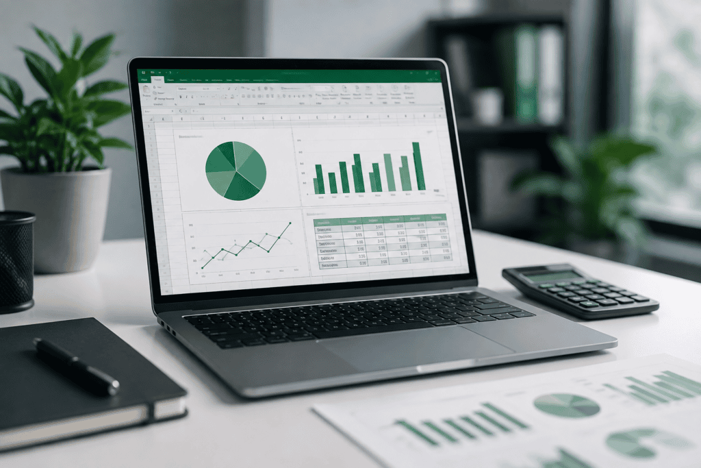Professional laptop displaying an Excel spreadsheet with charts and data analysis on a modern office desk.Advanced Excel skills for jobs