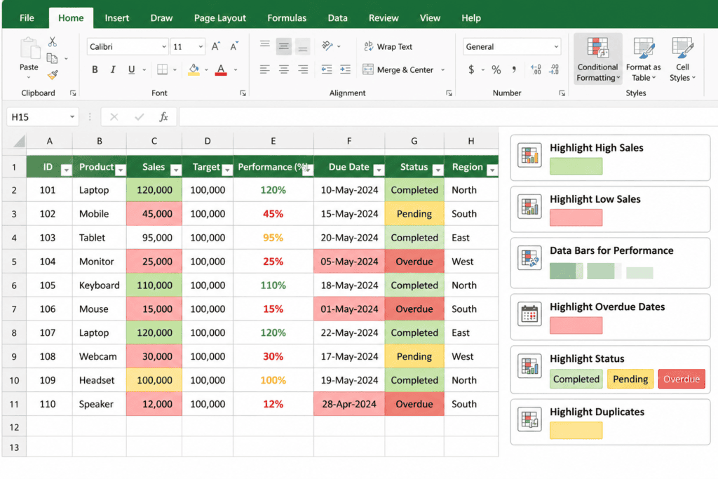 Excel spreadsheet using conditional formatting to highlight high sales, low performance, overdue dates, duplicate data, and values above target.Advanced Excel skills for jobs