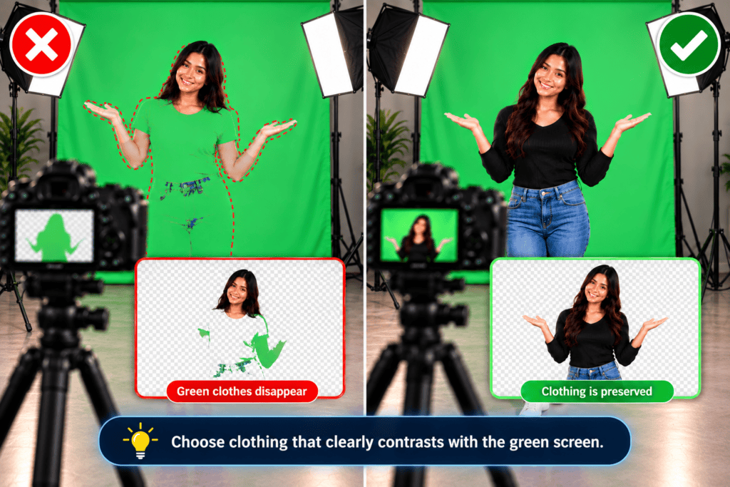 Wearing Green Clothes During Green Screen Editing Green clothing can disappear along with the background when chroma keying is applied. Choose clothing that clearly contrasts with the green screen.