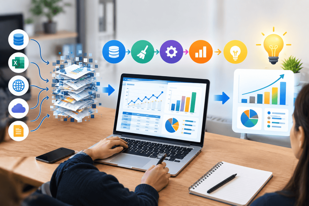 For example, a retail company can examine sales records to identify popular products, understand seasonal demand, and improve inventory planning. It turns numbers and records into information that people can use.