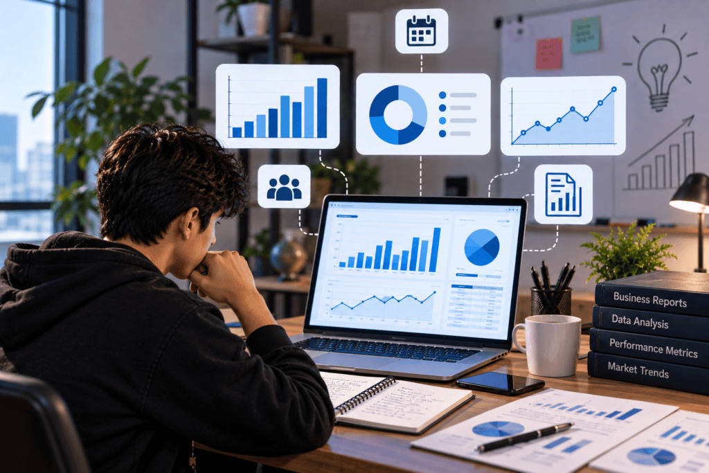 What Is Descriptive Data Analytics? Descriptive analytics focuses on understanding what has already happened. It summarises historical information using measures such as totals, averages, percentages, growth rates, and performance indicators. Sales dashboards, monthly revenue reports, and website traffic summaries are common examples. This type helps organisations monitor performance and understand historical patterns.