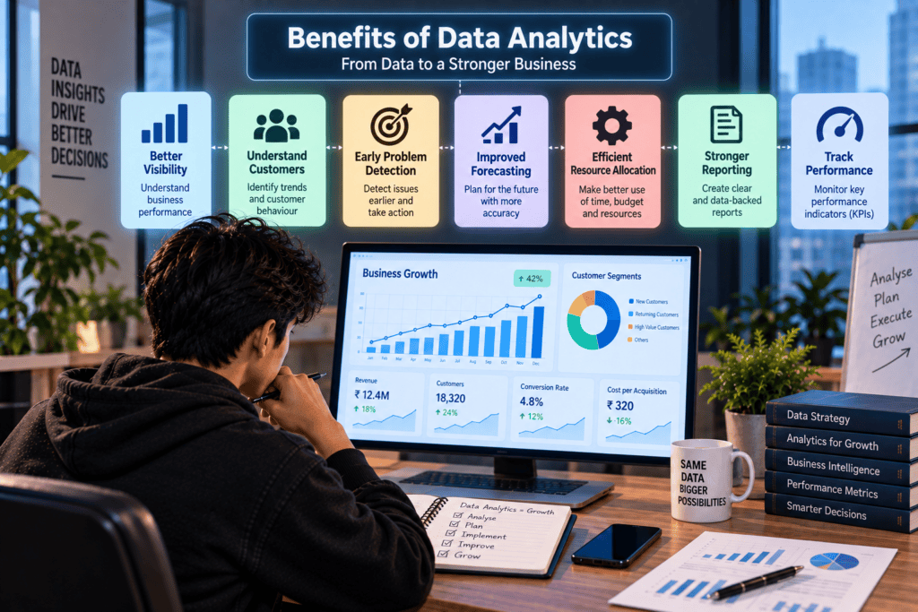 What Are the Benefits of Data Analytics? One major benefit of data analytics is better visibility into business performance. Organisations can identify trends, measure results, understand customer behaviour, and detect problems earlier. Other benefits include improved forecasting, efficient resource allocation, stronger reporting, and better monitoring of key performance indicators.