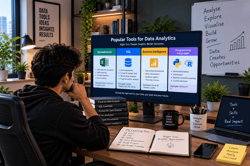 What Tools Are Used for Data Analytics? Different tools support different stages of analysis. Spreadsheets are useful for calculations and smaller datasets, SQL is important for databases, and business intelligence platforms help create interactive reports. Programming languages such as Python and R are commonly used for advanced analysis, automation, statistics, and machine learning. Tool selection depends on project requirements and data complexity.