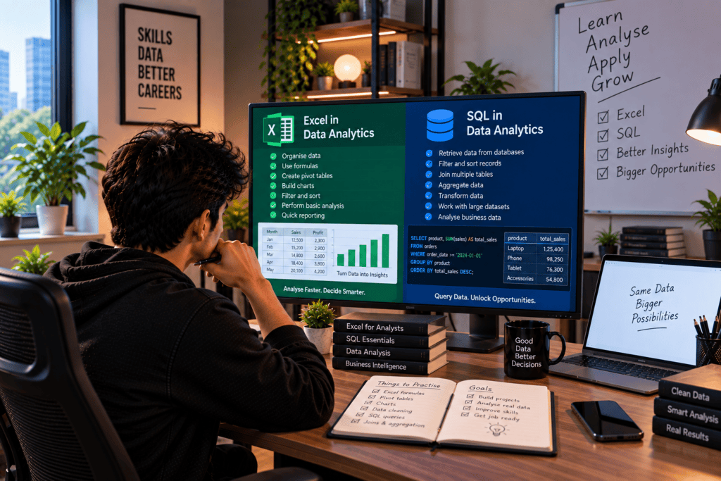 How Are Excel and SQL Used in Data Analytics? Excel is widely used for organising data, formulas, pivot tables, charts, filtering, and basic analysis. It is particularly useful for quick analysis, reporting, and structured datasets of manageable size. SQL is used to retrieve, filter, join, aggregate, and transform information stored in relational databases. Learning SQL allows analysts to work directly with business databases.