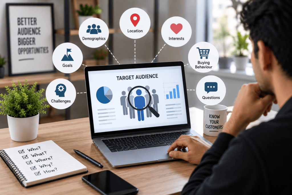 Define Your Target Audience Start by identifying who is most likely to purchase your products or services. Consider demographics, location, interests, challenges, buying behaviour, and the questions customers ask before making a decision. A clear audience profile makes your digital marketing strategy for small businesses more focused. It also helps determine your messaging, content topics, advertising audiences, and choice of digital platforms.