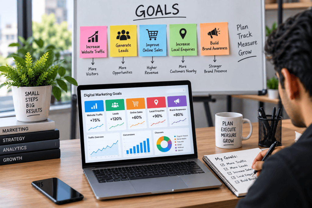 Set Clear Digital Marketing Goals Set specific goals such as increasing website traffic, generating leads, improving online sales, increasing local enquiries, or building brand awareness. Give every major goal a measurable target and time frame. Your digital marketing strategy for small businesses becomes easier to manage when goals are connected to key performance indicators. Track metrics such as leads, conversions, customer acquisition cost, engagement, and return on advertising spend.