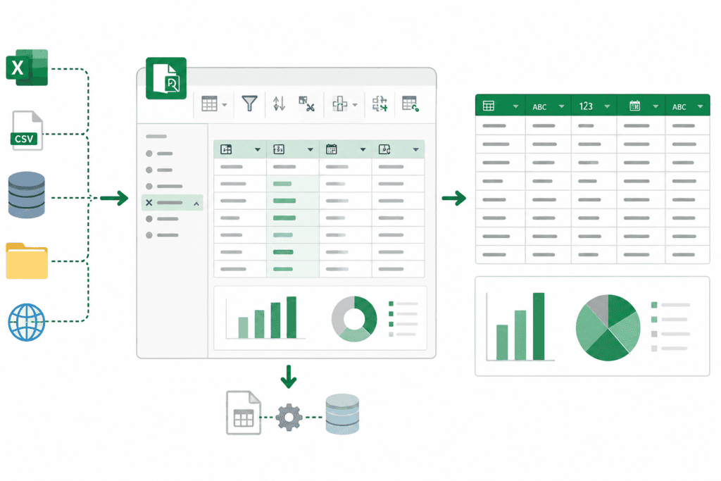 Power Query workflow showing data imported from multiple sources, cleaned and transformed, then combined into an organised dataset and visual reports.