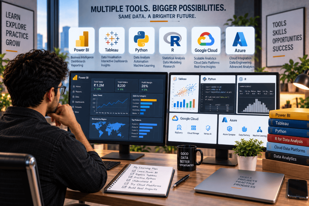 Power BI and Other Data Analytics Tools Power BI is commonly used for business intelligence, data modelling, dashboard creation, and reporting. Depending on a job role, professionals may also encounter tools such as Tableau, Python, R, or cloud-based data platforms. Rather than attempting to master every tool simultaneously, beginners should focus on technologies relevant to their target roles. Strong fundamentals make it easier to learn additional platforms later.