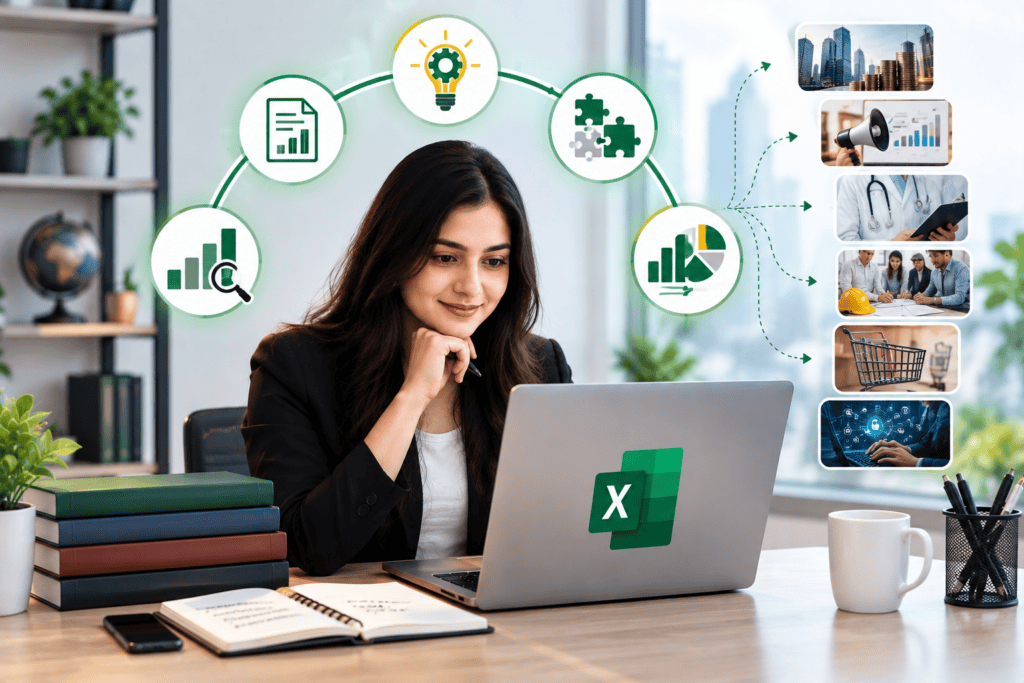 Advanced Excel skills for jobs showing data analysis, reporting, problem-solving, data visualisation, and career growth.