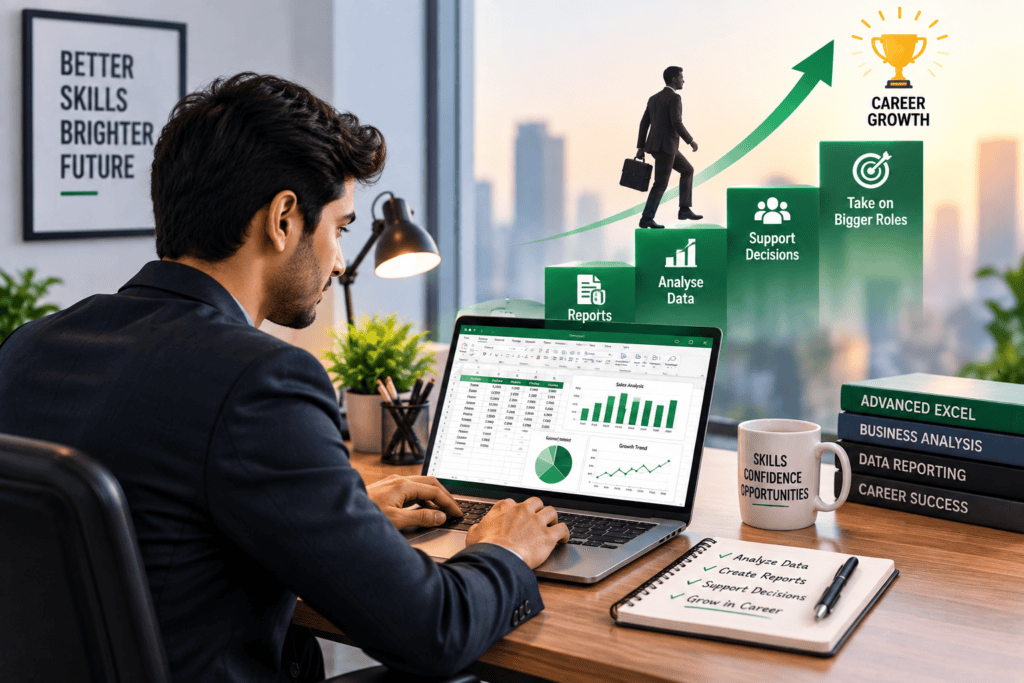 Advanced Excel for career growth, showing a professional using Excel to analyze data, prepare reports, support decisions, and develop workplace skills.