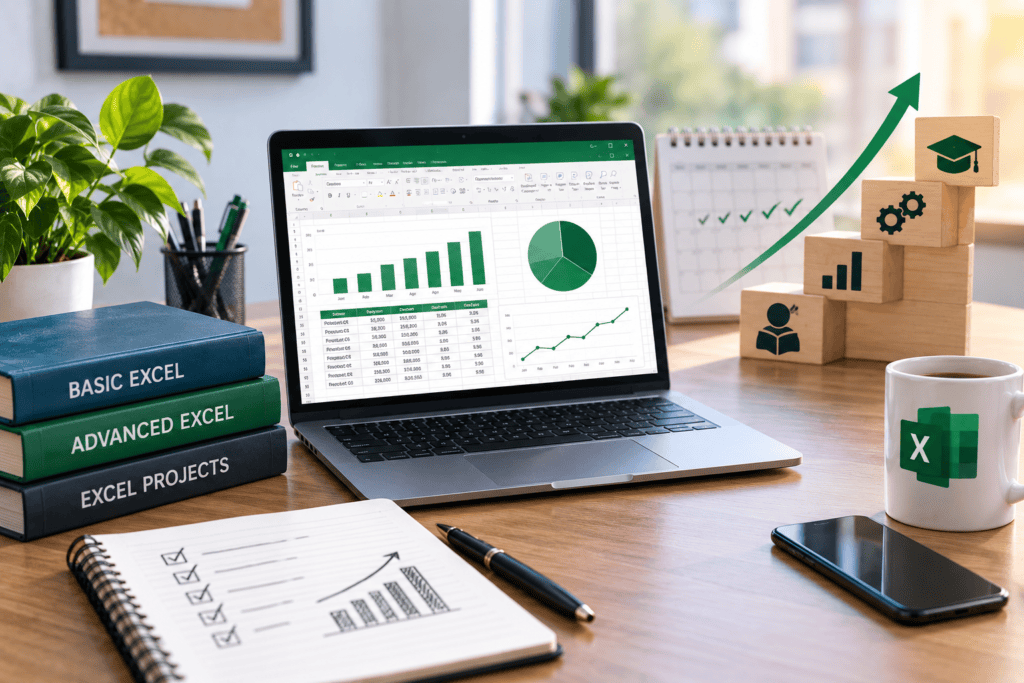 Advanced Excel learning journey showing Excel skills, data analysis, dashboards, formulas, and progressive skill development.
