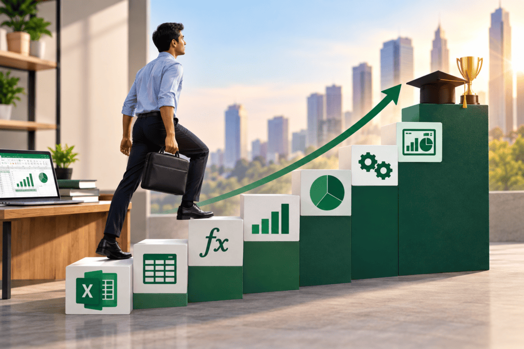 Advanced Excel learning journey showing a professional progressing through formulas, data analysis, dashboards, automation, and career growth.