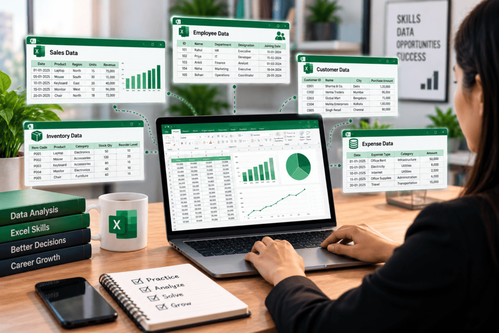 Advanced Excel practice with real-world data for sales, employee, customer, inventory, and expense analysis.