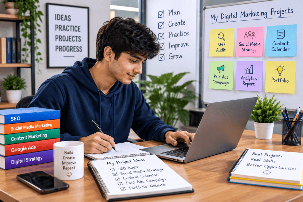 Student building practical digital marketing projects using a laptop, including SEO, social media strategy, content planning, paid advertising, analytics, and portfolio work.