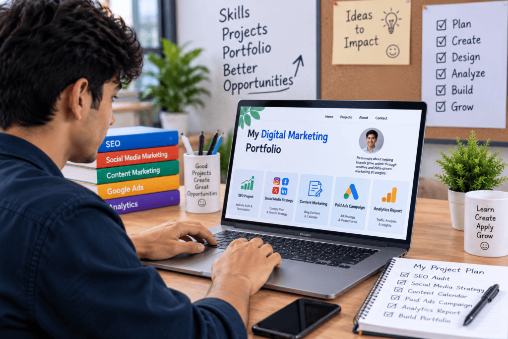 Student creating a digital marketing portfolio with practical projects to prepare for a digital marketing job without a degree.