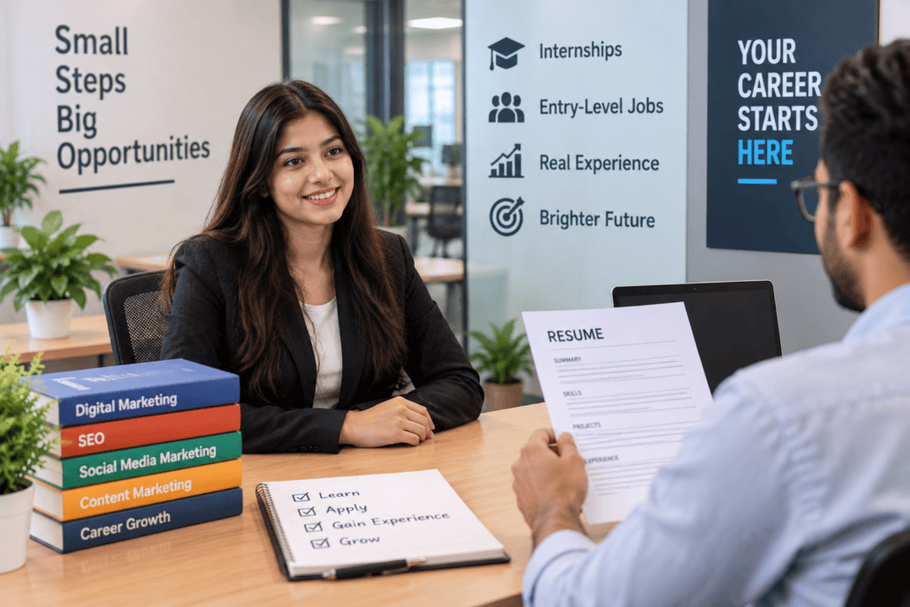 Student attending a digital marketing job interview after applying for internships and entry-level jobs to gain practical experience. Get a digital marketing job without a degree