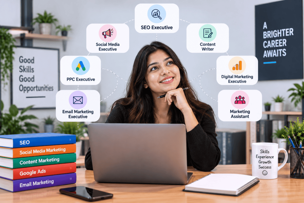 Student exploring digital marketing career options, including SEO, social media, content writing, PPC, email marketing, and digital marketing executive roles without a degree.