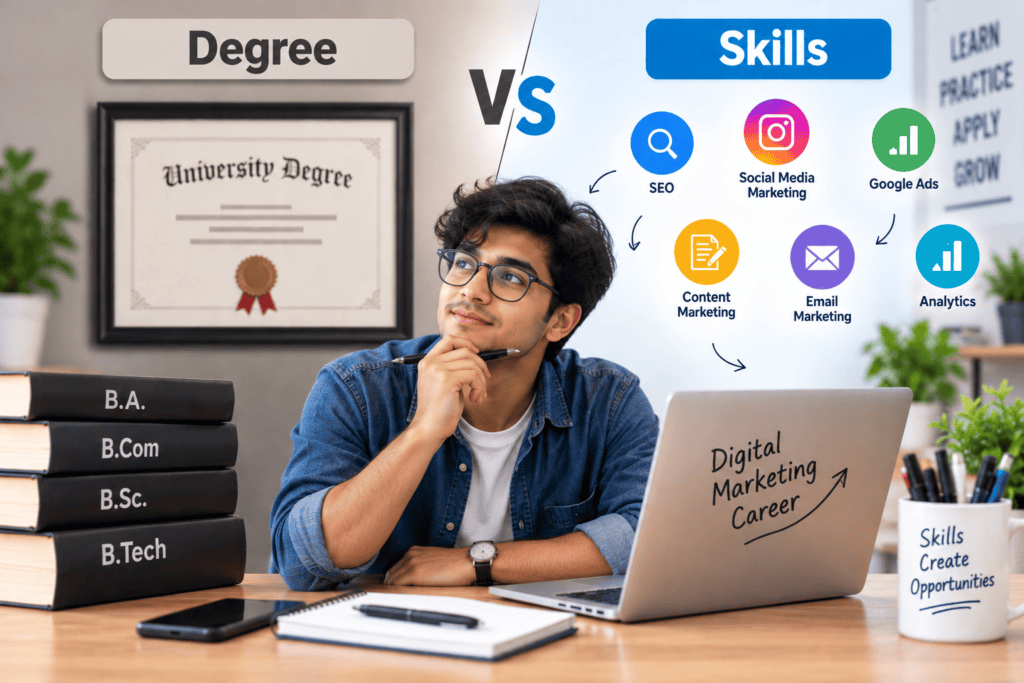 Student learning digital marketing skills while comparing practical skills with a degree for a digital marketing job without a degree.