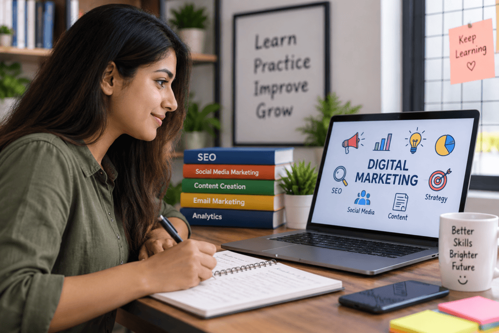 Student learning digital marketing skills on a laptop, with SEO, social media marketing, content creation, email marketing, and analytics resources.