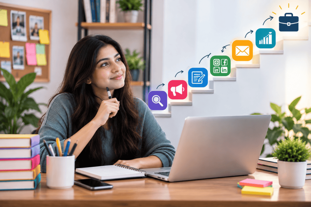 Student learning digital marketing skills on a laptop, developing practical skills for a digital marketing job without a degree.