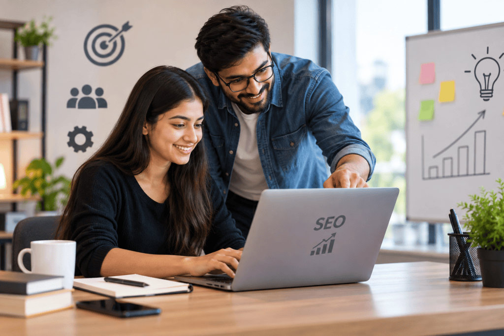 SEO practical training with a student learning from a mentor on a laptop.