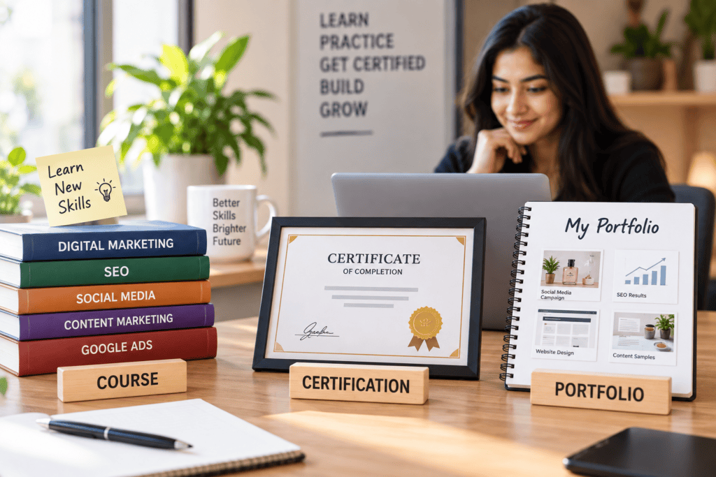 Course, Certification, and Portfolio: What Should You Choose? You do not necessarily have to choose only one. A strong approach is to learn through structured training, complete relevant certifications, practise your skills, and build a portfolio. This combination gives you both knowledge and practical proof. It can help create a stronger profile when applying for digital marketing jobs without a degree.